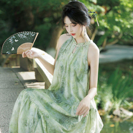 Women Chinese Style Green Halter Neck Long Dress Elegant Evening Gown