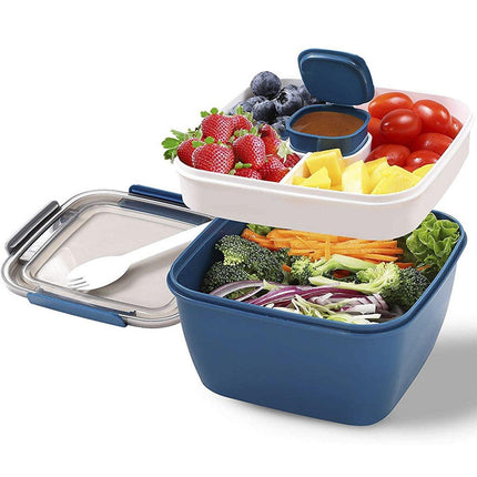 Blue Double Layer Salad Box Bento Box Lunch Box with Compartments for Food
