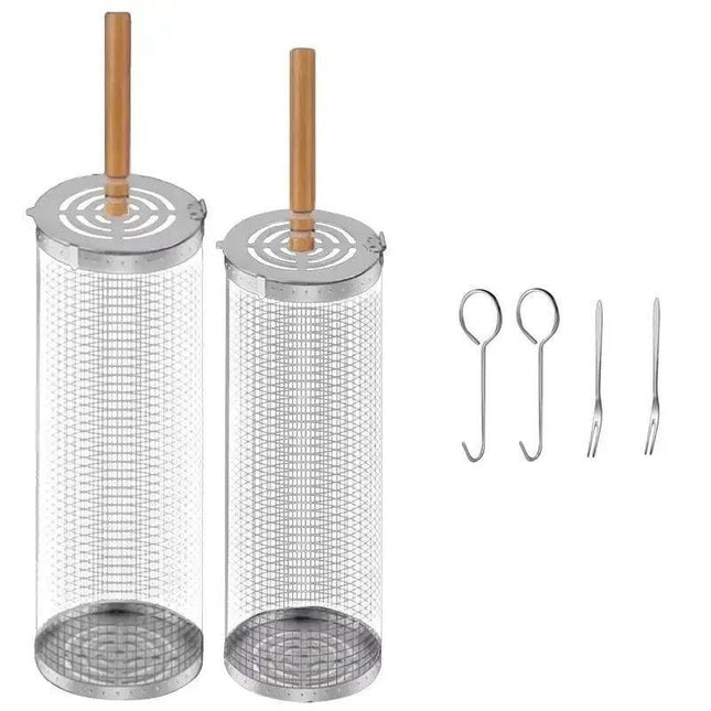 2PCS Rolling BBQ Cage Rotisserie Basket Tube Grill BBQ Cooking Accessories