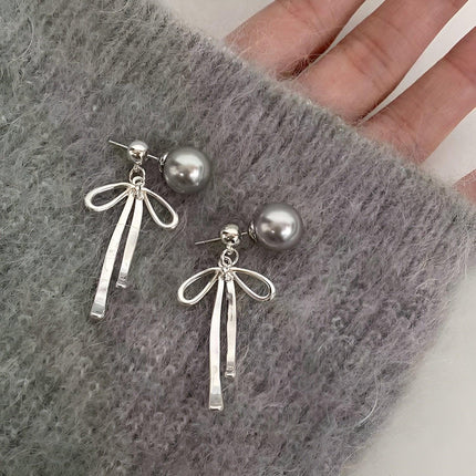 Grey Pearl Ribbon Long Tassel Earrings Elegant Fashion Jewelry for Women Gift
