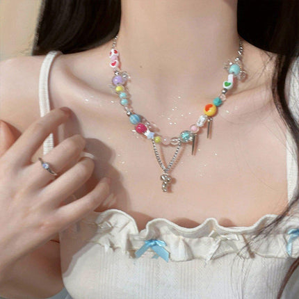 Cute Candy Heart Colourful Beaded Necklace Women Girls Trendy Fashion
