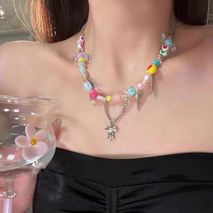 Cute Candy Heart Colourful Beaded Necklace Women Girls Trendy Fashion