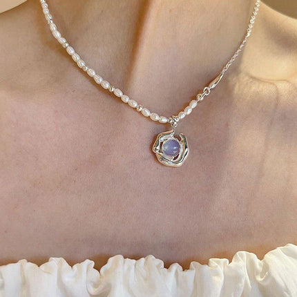 Vintage Moonstone and Pearl Necklace with Chain Fashion Jewelry Women and Girls