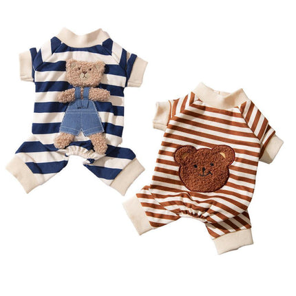Cute Bear Striped Dog Home Clothes Cat Pet Outfit Cozy Animal Pajamas for Pets