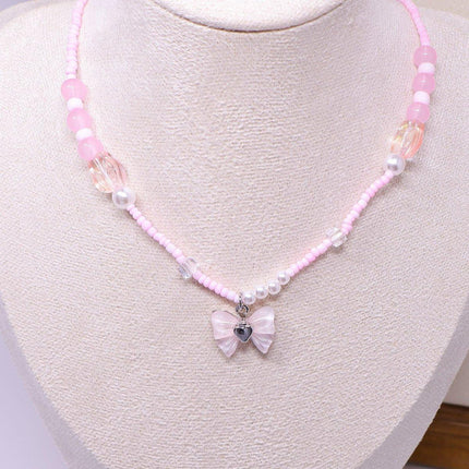 Handmade Pink Butterfly Beaded Necklace Women Girls Cute Boho Fashion