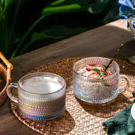 4PCS Vintage 14oz Embossed Glass Coffee Cups with Bamboo Lid and Spoon for Tea Milk