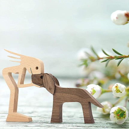 Handmade Wooden Statue, Sitting Woman and Dog, Wood Decor Craft DIY Home Decor - Aimall