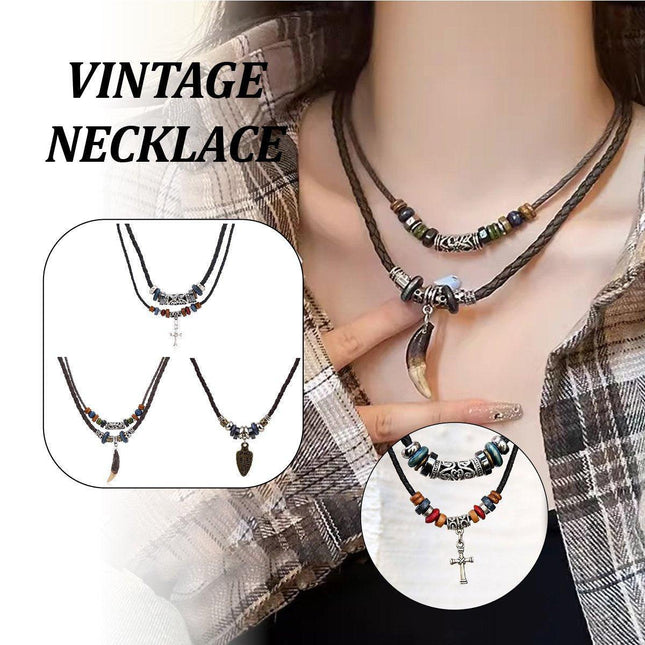 Vintage Cross Necklace Wooden Beads Leather Cord Religious Pendant Jewelry