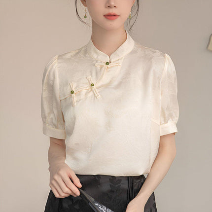 Women Satin Short Sleeve Blouse Chinese Button Top New Fashion Shirt Ladies