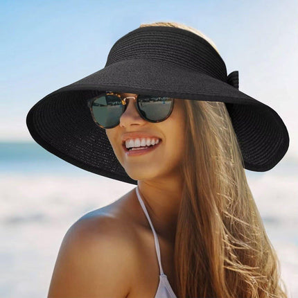 Women Roll Up Sun Visor Wide Brim Straw Hat Summer Foldable UV Protection Cap