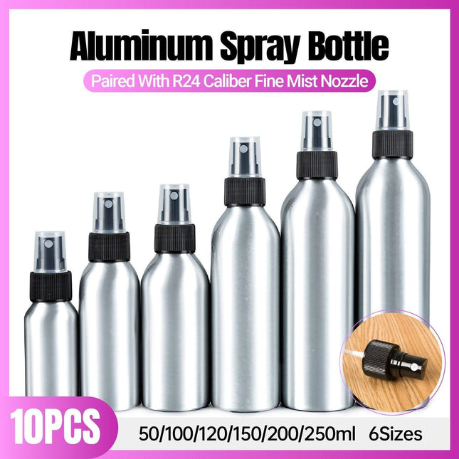 10pcs Travel Size Refillable Aluminum Spray Bottles Toner Cleaning Solution Mist