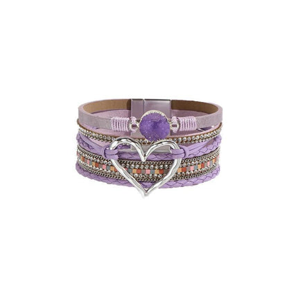 Chic Women's Multi-Color Leather Wrap Bracelet Love Heart Charms Magnetic Clasp - Aimall