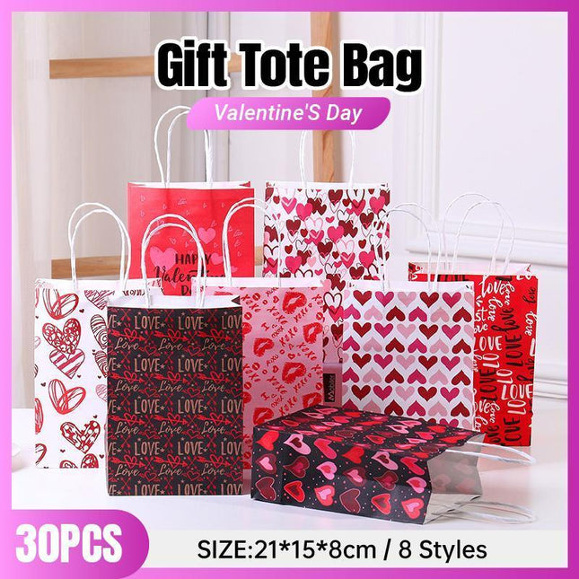 30x Valentines Day Love-Themed Tote Bag Elegant Kraft Paper Handbag Lightweight