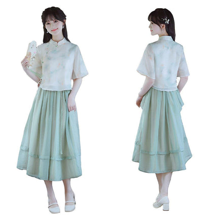 Chinese Style Girl Two-Piece Set New Retro Printed Improved Cheongsam