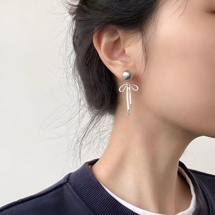 Grey Pearl Ribbon Long Tassel Earrings Elegant Fashion Jewelry for Women Gift