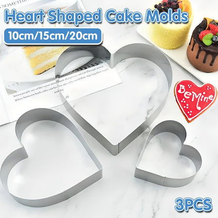 3X Stainless Steel Cake Mold 10/15/20cm Heart Baking Cake Ring For Mousse Party