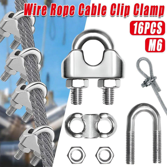 16X 304Steel Wire Rope Grips Clamps U Bolts Fitting Cable Cord Tie M6 6mm Sliver