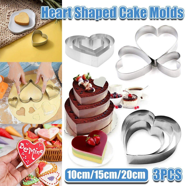 3X Stainless Steel Cake Mold 10/15/20cm Heart Baking Cake Ring For Mousse Party
