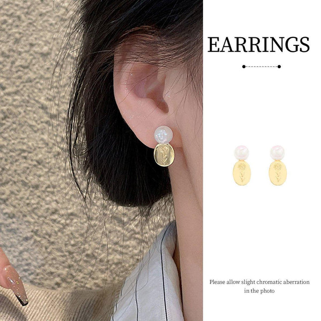 Gold Flower Oval Earrings Elegant Temperament Jewelry for Women Fashion Gift