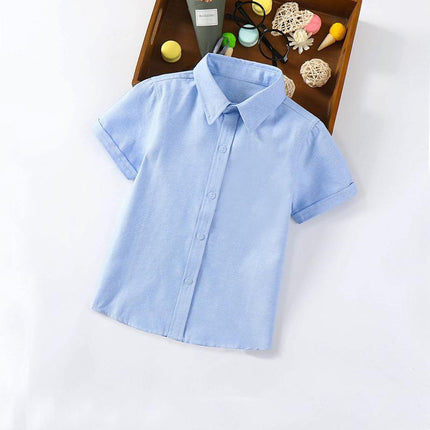 Boys Children's Kids Blue Short Sleeve School Shirt Open Neck With Lay Back Collar - Aimall
