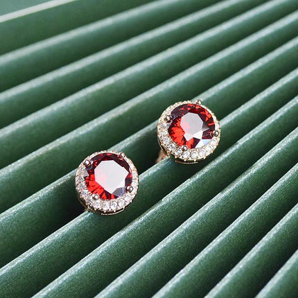 Red Garnet Diamond Halo Round Stud Earring Push Back Rose Gold Plated Women Gift - Aimall