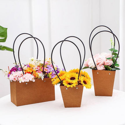 25x Kraft Paper Bag Flowers Waterproof Bouquet Basket Gift Box With Handle - Aimall