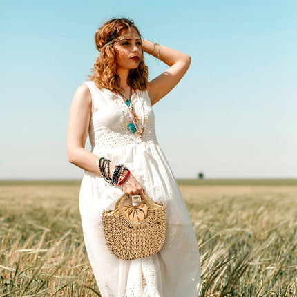 Half Round Woven Beach Bag Holiday Handbag Summer Tote for Travel and Shopping