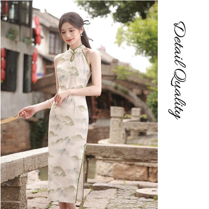 Spring Summer Silk Hemp Cheongsam Long Dress Improved Sleeveless Chinese Qipao