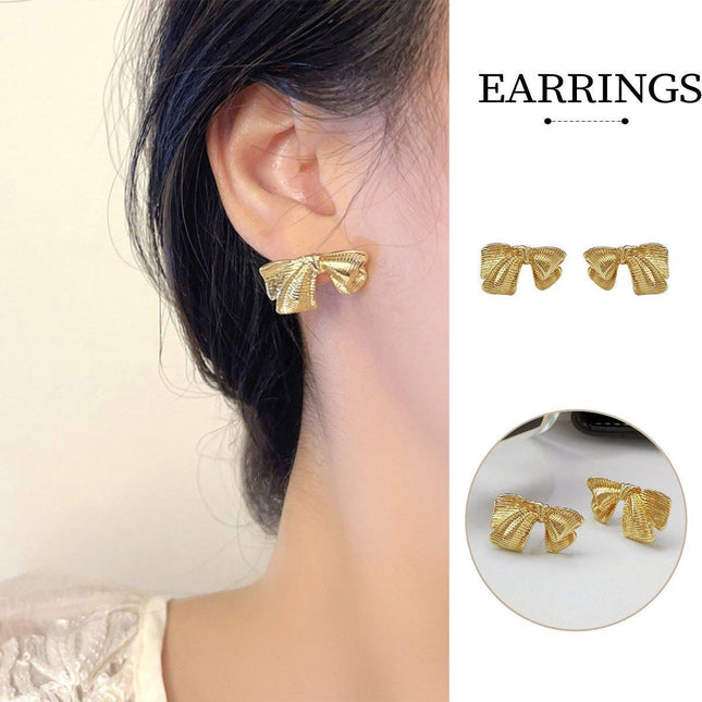 Retro Bow Stud Earrings Vintage Gold Silver Fashion Jewelry Simple Gift