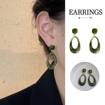 Retro Glossy Green Resin Earrings Women Fashion Round Dangle Jewelry Gift