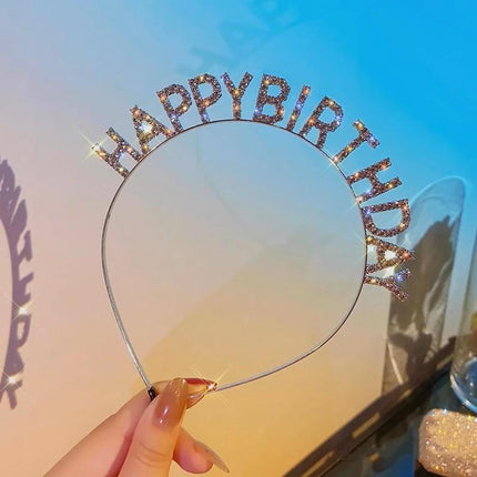 New Happy Birthday Headband Girl Letter Rhinestone Crown Hair Band Birthday Hat - Aimall