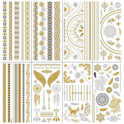 Women Lady Metallic gold silver color boho arm Body Temporary Tattoo Sticker Art - Aimall