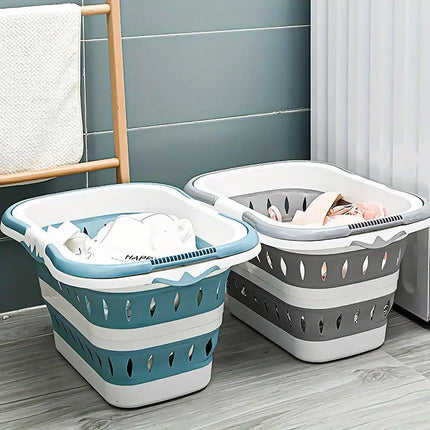 Large Folding Laundry Basket Plastic Dirty Clothes Hamper Blue Bathroom Storage