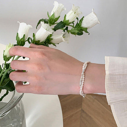 Double Layered Pearl Necklace Bracelet Set Silver Jewelry Women Fashion