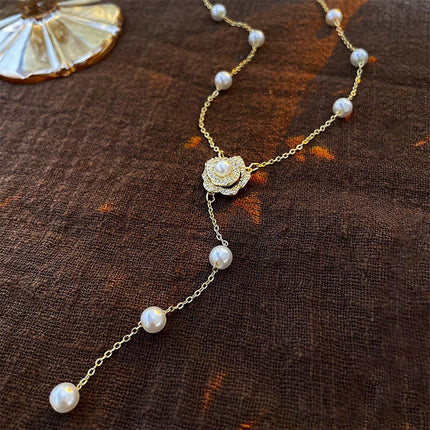Gold Flower Pearl Tassel Necklace Elegant Temperament Jewelry Gift for Women