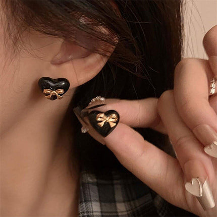 Elegant Black Heart Earrings with Golden Bow for Girls Sweet Fashion Jewelry