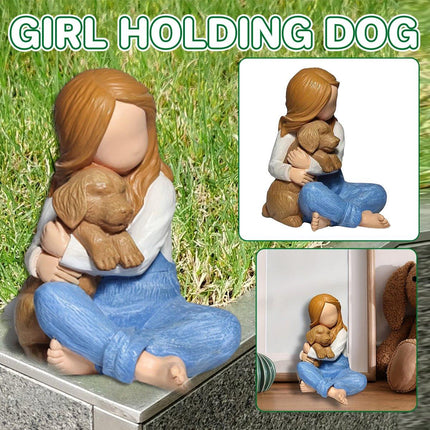 Little Girl Holding Dog Resin Figurine Cute Home Decoration Gift for Pet Lovers