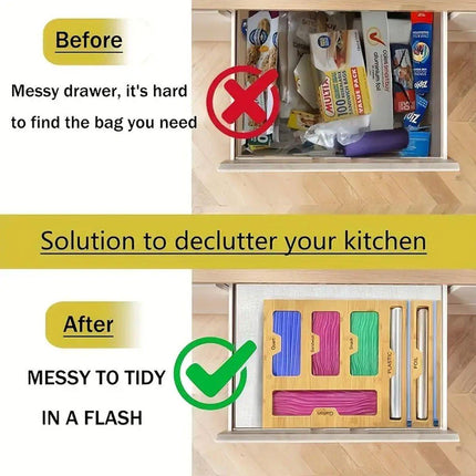 Bamboo Kitchen Storage Box for Plastic Wrap Tin Foil Paper Cutter with Lid