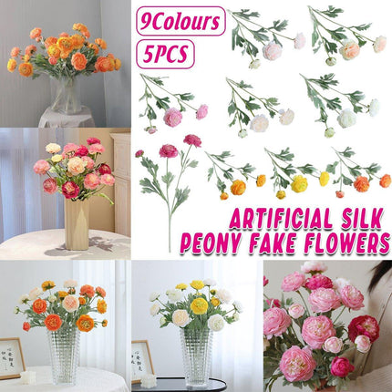 5pcs Artificial Peony Silk Flowers Bouquet Decor Faux Floral Arrangements