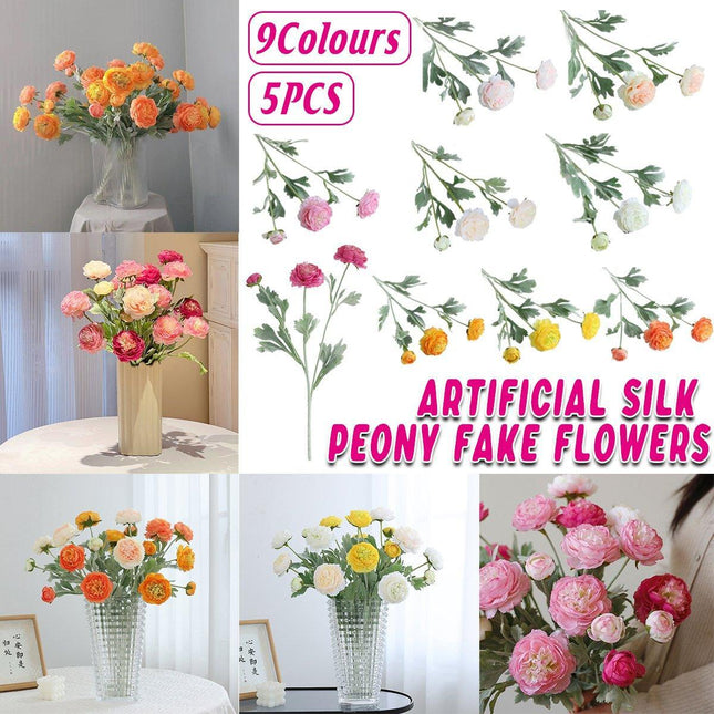 5pcs Artificial Peony Silk Flowers Bouquet Decor Faux Floral Arrangements