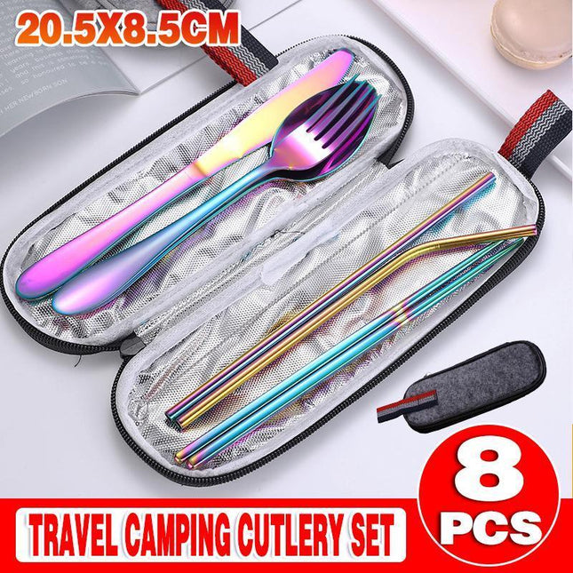 8PCS Portable Stainless Steel Tableware Dinnerware Travel Camping Cutlery Set - Aimall
