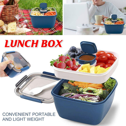 Blue Double Layer Salad Box Bento Box Lunch Box with Compartments for Food