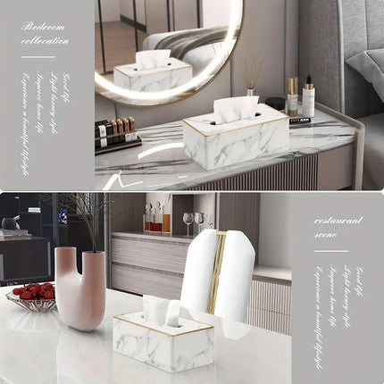 Rectangular Marble PU Leather Tissue Box Cover Napkin Holder Towel Dish Desktop