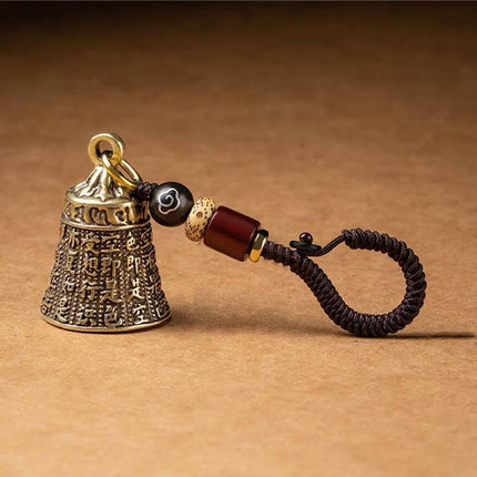 Pure Brass Bell Car KeyChain Engraved Chinese Buddhist Sutra Handmade Woven Rope - Aimall