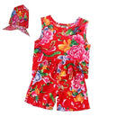 Floral Print Summer Outfit Cotton Vest Shorts and Scarf Three-Piece Set