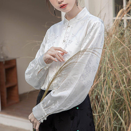New Spring White Chinese Style Womens Top with Stand Collar Elegant Shirt