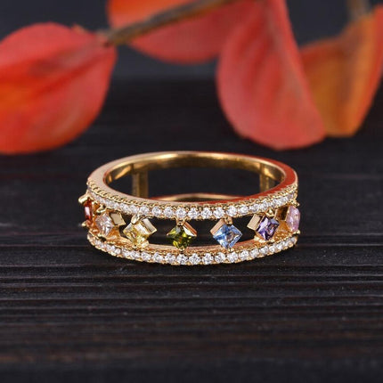 Rainbow Gold Ring Women Fashion Colorful Band Jewelry Gift 6-10 Sizes Ring