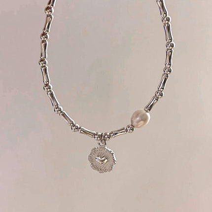 S925 Silver Handmade Bamboo Link Heart and Pearl Pendant Bracelet INS Style Jewelry
