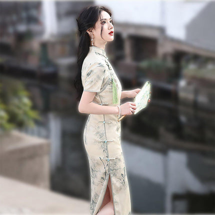 Long Cheongsam Chinese Style Slim Fit Eight Buttons Ink Painting Dress Colourful
