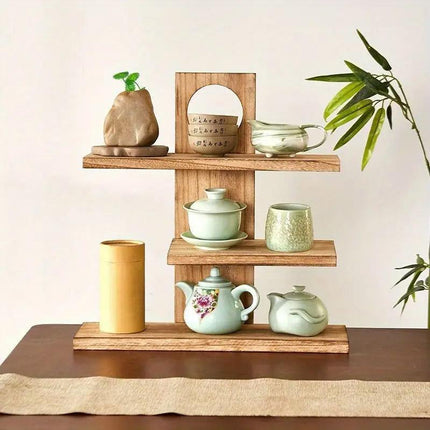 Wooden Desktop Tea Set Rack Display Stand Organizer Storage Shelf for Teaware